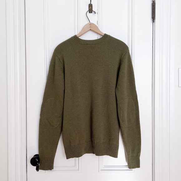 Merino Wool Sweater with Elbow Pads MEC Preppy Olive Green Academia - Small - Picture 6 of 9